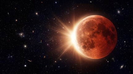 Naklejka premium A stunning celestial scene of a red moon in eclipse with a bright sun shining behind it in a starry night sky