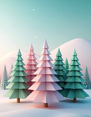 Minimalist holiday background with geometric Christmas trees and soft winter gradient