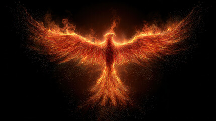Fototapeta premium Fire phoenix rising with flames at night against a dark background