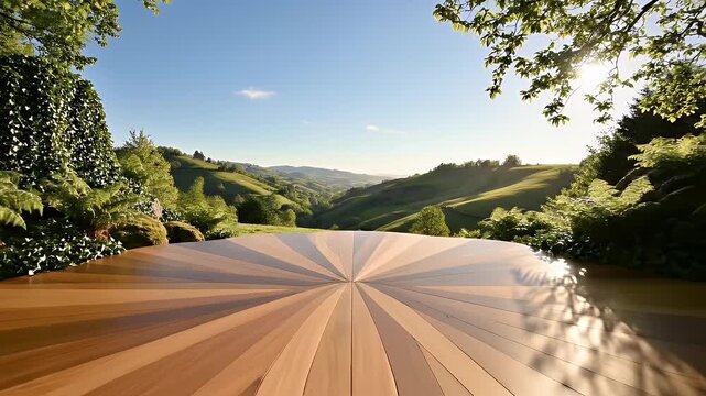 A wooden deck offers a vast view of green hills under a bright blue sky
