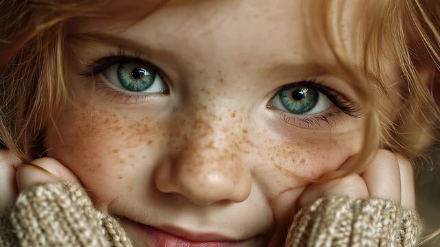 Portrait of a small innocent looking girl with blue eyes and freckles, wearing a cozy sweater, expressing curiosity and wonder in a soft, natural light setting indoors