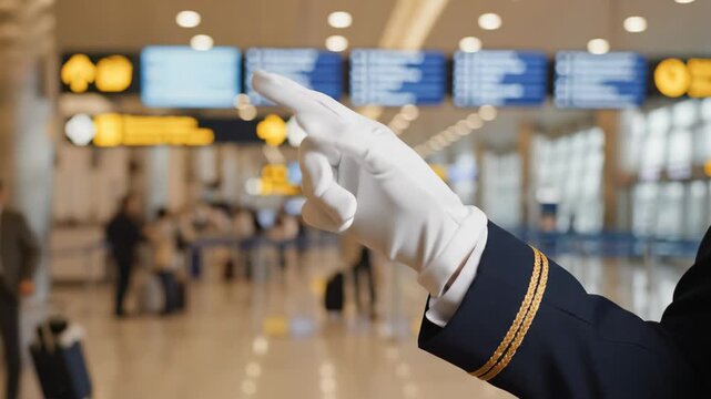 In a busy airport terminal, a dapper attendant in formal attire gestures to digital flight displays, surrounded by the vibrant energy of departing travelers.