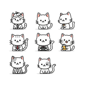 Collection of nine cartoon cats with various accessories and expressions.