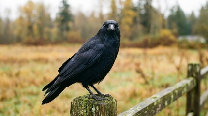 Fototapeta premium Fully black crow standing on a moss-covered wooden fence post, observing the viewer with intelligent eyes against a blurred autumn field and forest background in muted tones