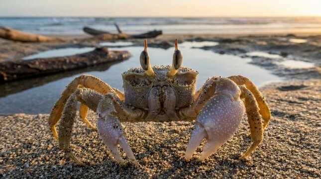 Ghost crab (ocypode quadrata) on a sandy beach at sunset, looking directly at camera with long eyestalks and a warm glow over the ocean and driftwood in the background