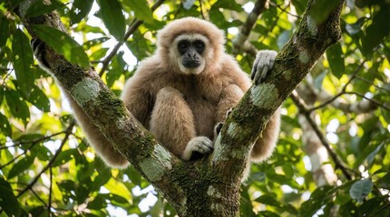 Fototapeta premium Gibbon primate perched on a mossy tree branch in a tropical forest canopy, staring intently at camera amid lush green foliage, portrait of wild arboreal life