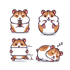 Fototapeta premium Four cartoon hamsters in various poses, including holding, standing, measuring, and sleeping.