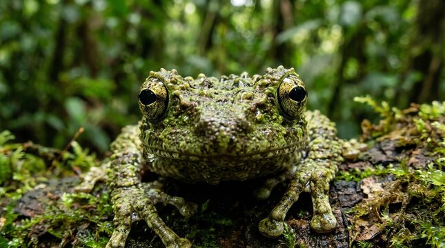 Vietnamese mossy frog theloderma corticale rests on a mossy log, its bumpy green skin blending into the wet rainforest, showcasing perfect camouflage and textured detail