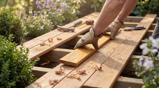 A person building a wooden deck in a garden on a sunny day