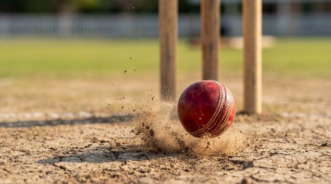 A red cricket ball hits the ground on a cricket pitch with stumps in the background.