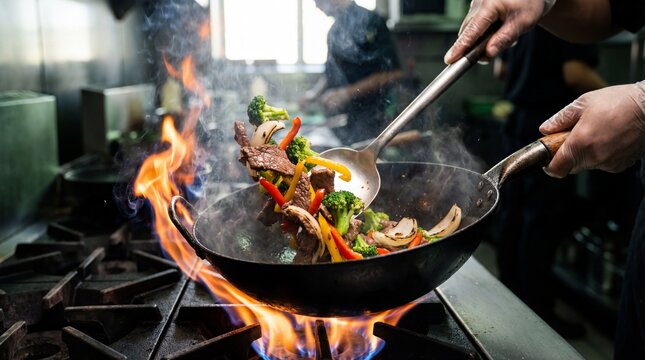 A chef expertly stir-fries a colorful mix of vegetables and meat in a flaming wok in a commercial kitchen.