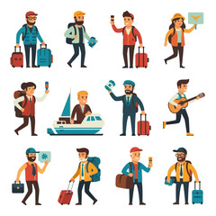 Fototapeta premium Group of diverse travelers with luggage and travel accessories.