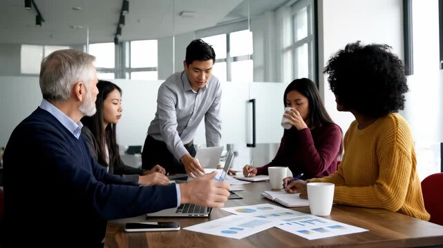 Diverse business team analyzing financial charts during office meeting, concept for corporate strategy planning, quarterly review and startup collaboration