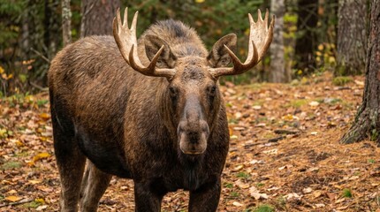 Moose bull standing in natural habitat, showcasing large antlers and brown fur, surrounded by vibrant autumn leaves and trees in dense forest wilderness