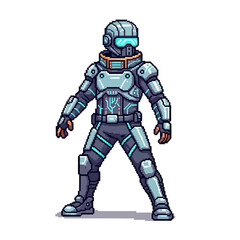 Fototapeta premium Pixel art of a futuristic armored soldier with a helmet and visor.