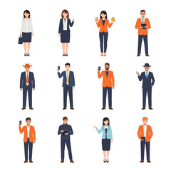 Collection of diverse business professionals in formal attire, some holding devices or drinks.