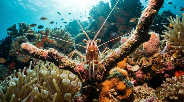 Banded coral shrimp (stenopus hispidus) prominently positioned on a vibrant coral and sea anemone reef, showcasing marine biodiversity in an undersea environment