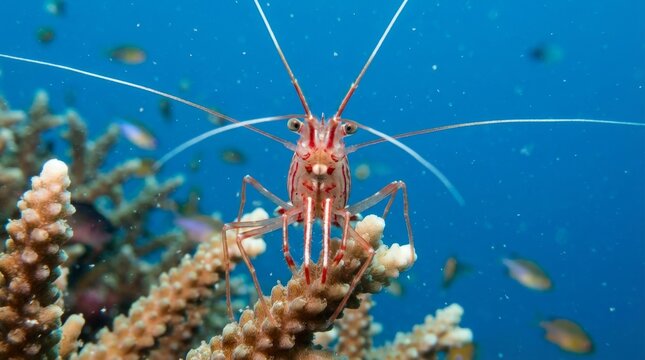 Banded coral shrimp (stenopus hispidus) with red and white stripes perched on branching hard coral in clear blue water, surrounded by small reef fish and tranquil marine life
