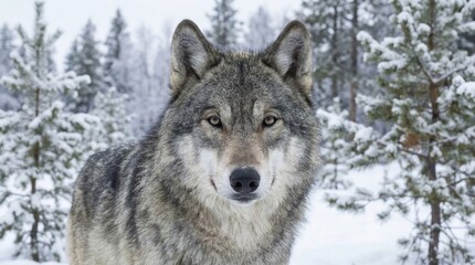 Obraz premium Gray wolf emerging from snow-laden pine trees, intently watching its surroundings in a cold winter forest, powerful and alert in its natural boreal habitat