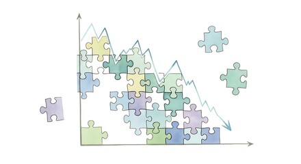 Puzzle pieces forming a declining graph with colorful puzzle pieces