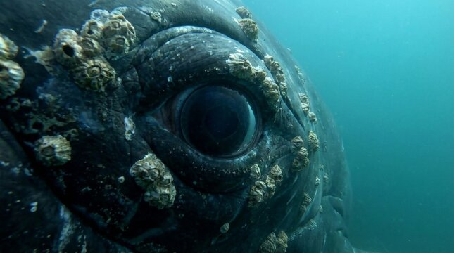 Gray whale underwater, its large eye visible with barnacles attached to its skin, capturing connection, intelligence, and the wild beauty of marine wildlife in natural habitat