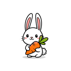 Obraz premium Cute cartoon rabbit holding a carrot with pink ears and big eyes.