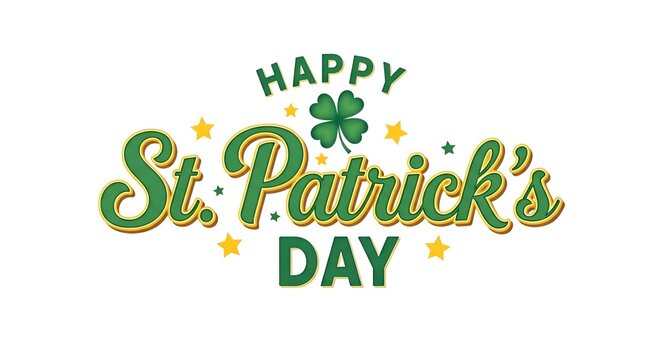 Happy St. Patrick Day lettering poster with green shamrock and orange stars. Irish traditional holiday. For greeting cart, poster, banner, flyer, web pages, social media. Isolated vector