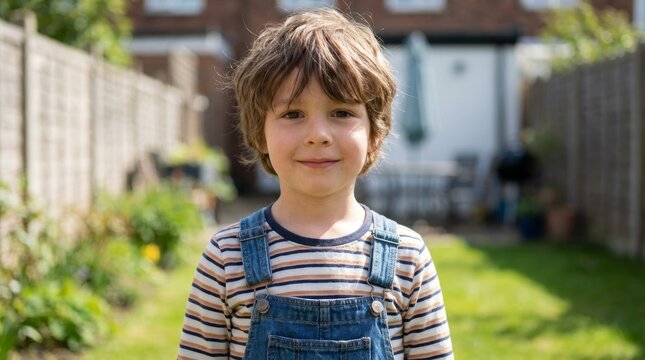Young boy with brown hair in striped shirt and denim overalls smiles at camera in a sunny backyard garden, enjoying a carefree summer day of play and warmth