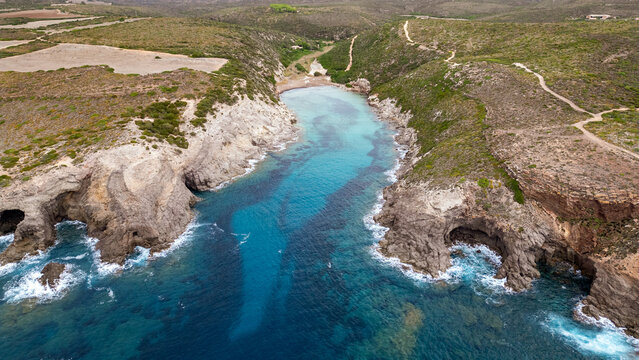 Aerial view of Cala Lunga beach, Sant'Antioco Island, Sardinia, Italy.