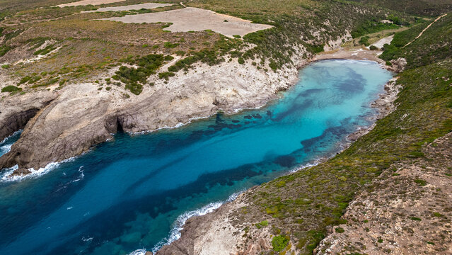 Aerial view of Cala Lunga beach, Sant'Antioco Island, Sardinia, Italy.