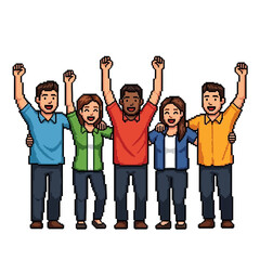 Obraz premium Group of five pixel art characters celebrating with raised fists and smiles.