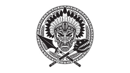 Intricate circular tribal mask emblem with horns and decorative linework in black and white.
