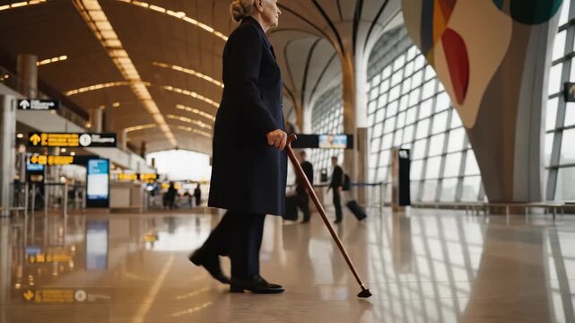 In a lively airport terminal, a distinguished older man walks purposefully with a cane, surrounded by expansive glass walls and colorful decorations.