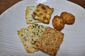 Japanese snack: assorted okaki (rice crackers)