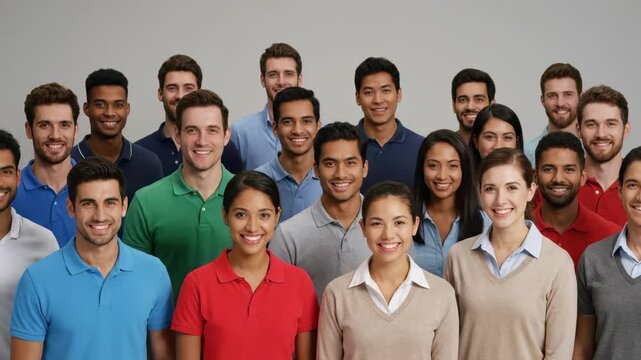 Diverse group of smiling young professionals and office workers standing together, concept for team building event, corporate staff and workforce diversity