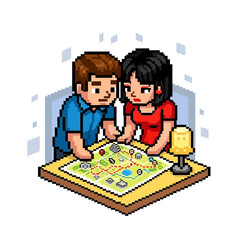 Fototapeta premium Two pixel art characters playing a board game together at a table.