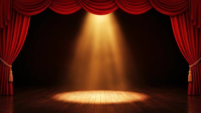 Empty theater stage with open red velvet curtains and a bright spotlight on the wooden floor, concept for performance announcement, event promotion and award ceremony