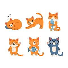 Fototapeta premium Collection of cartoon cats in various poses, including sleeping, playing, and wearing glasses.