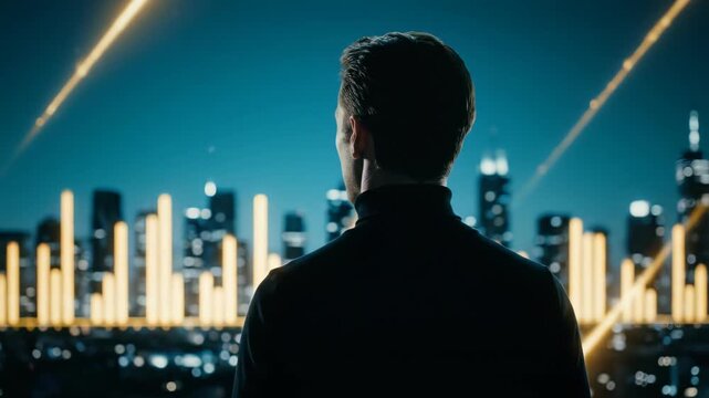 Rear view of a businessman in a turtleneck looking at a vibrant, abstract digital cityscape with glowing bar graphs, concept for finance technology, big data analysis and corporate vision