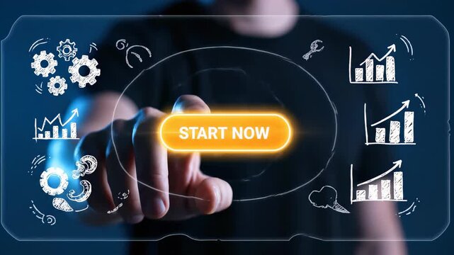 Businessman hand touching glowing 'Start Now' button on digital interface with growth charts and gears, concept for business development, marketing strategy and performance tracking