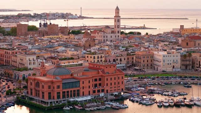 Aerial sunrise view over the historic old town of Bari, Puglia, Italy
