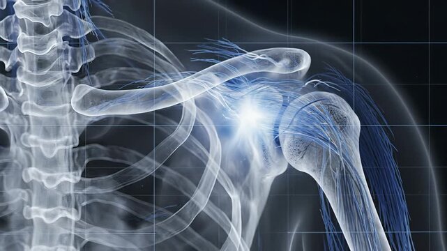 Blue x-ray style render of human shoulder muscles and upper back anatomy, featuring a glowing joint on a dark medical background.