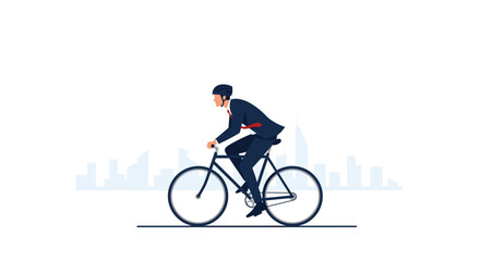 Fototapeta premium A businessman in a dark suit, red tie, and helmet, riding a bicycle with a city skyline backdrop.