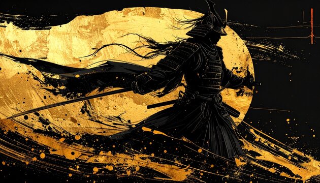 金色墨絵武将と旗印黒背景戦国アート