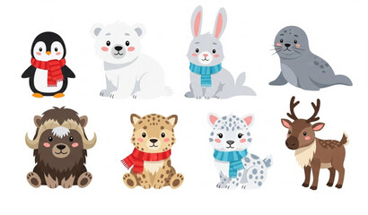 Fototapeta premium Cute Winter Snow Animals Cartoon Vector Set for Kids Nursery