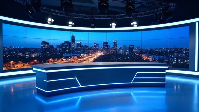 Modern blue illuminated news studio desk with large curved digital screen displaying a nighttime city skyline, concept for broadcast production, virtual set design and corporate media