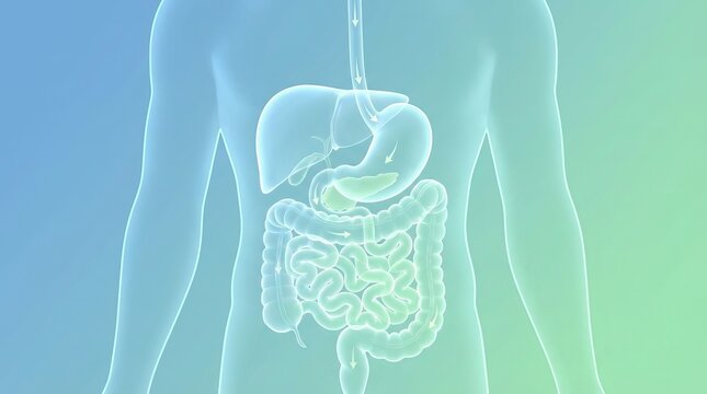 Human body outlining digestive system anatomy, showing stomach, liver, pancreas, gallbladder, small intestine, and large intestine organs with arrows indicating food digestion and absorption process