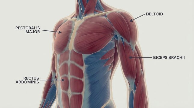Human body musculature displaying the pectoralis major, deltoid, rectus abdominis, and biceps brachii muscles, illustrating complex anatomical structures for medical and educational purposes