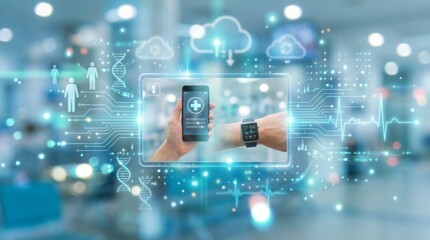 Obraz premium Modern digital interface displaying a smartphone with a medical app and a smartwatch monitoring health data, connecting to cloud services and patient records for advanced healthcare management