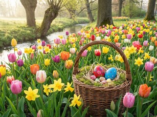 Geflochtener Osterkorb mit bunt bemalten Ostereiern inmitten eines bl&uuml;henden Tulpen- und Narzissenfeldes an einem kleinen Bach &ndash; stimmungsvolle Fr&uuml;hlingslandschaft mit nat&uuml;rlicher, heller Atmosph&auml;re.
